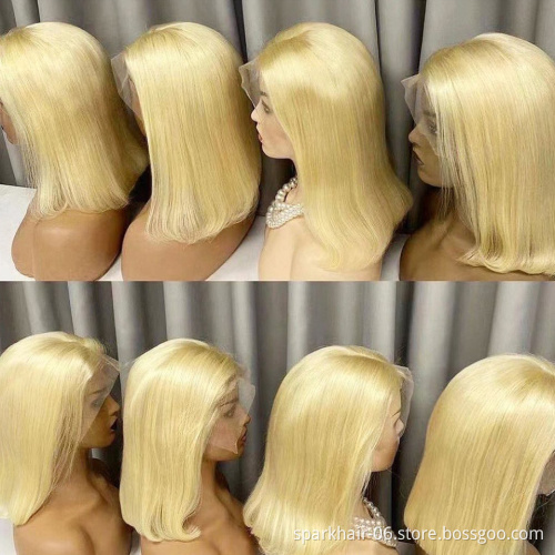 Stock Light Color 613 Pre Plucked Bleached Knots Lace Front Glueless Cuticle Aligned Frontal Cheap Human Hair Blonde Bob Wig